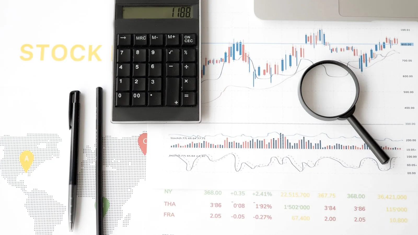Flat lay of stock market analysis tools including calculator, graphs, and magnifying glass.