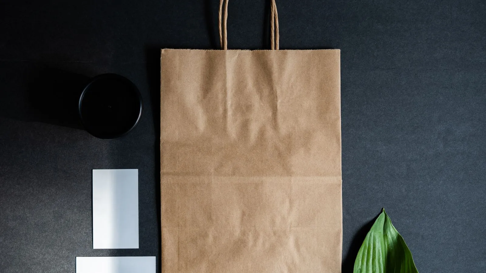 Stylish flat lay composition featuring a brown paper bag, green leaf, and black cup on a dark background.