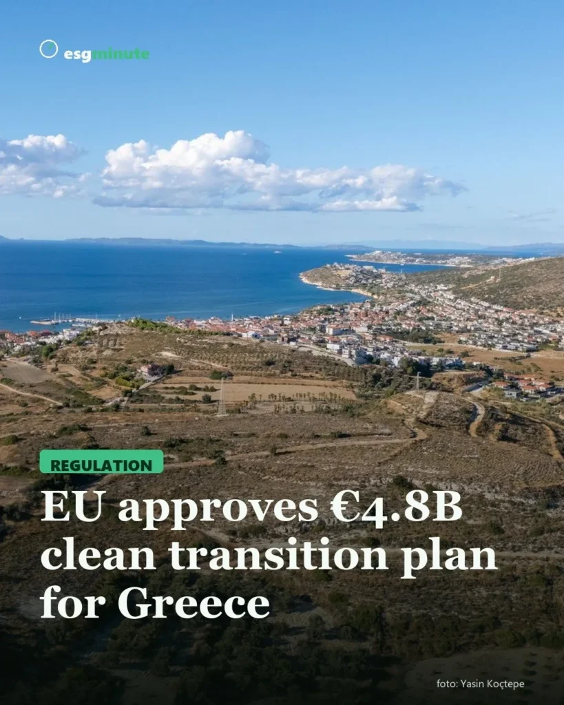Greek coastal town and countryside by the sea, cover for the EU-approved clean transition plan for Greece