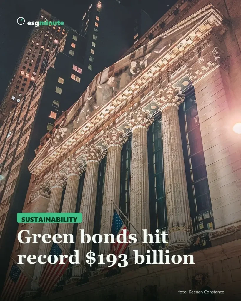 Facade of the New York Stock Exchange, cover for record green bond issuance of $193 billion