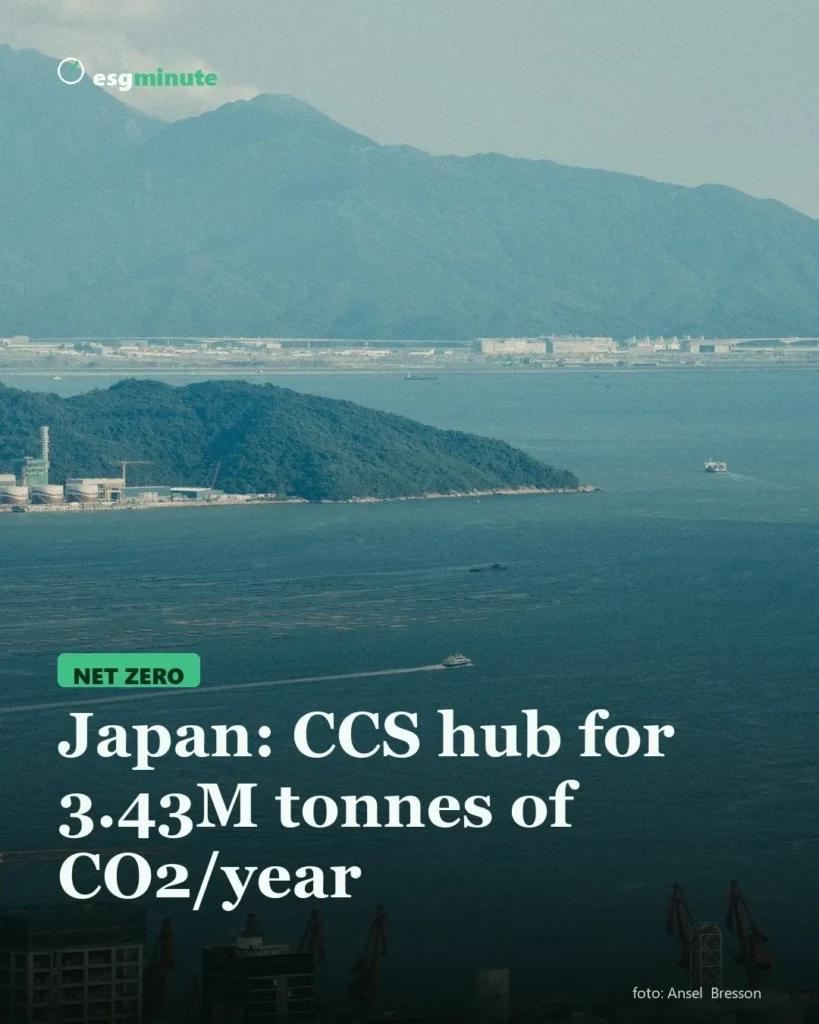 Coastal industrial port in a bay with mountains behind, cover for Japan's maritime CCS hub