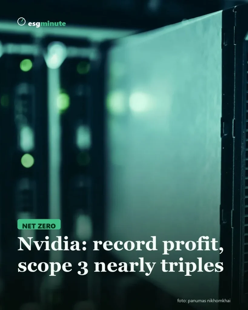 Close-up of a server rack with green lights, cover for Nvidia's record quarter and rising Scope 3 emissions