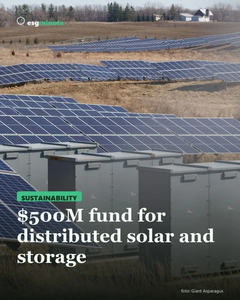 Rows of solar panels and battery storage units on a field, cover for the $500 million distributed solar and storage fund