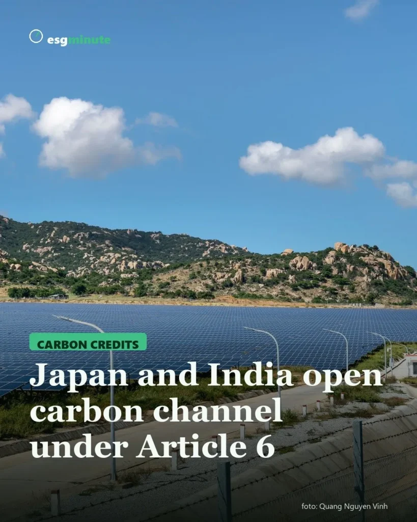 Solar farm beside a hillside under a blue sky, cover for the Japan-India carbon credit channel under Article 6
